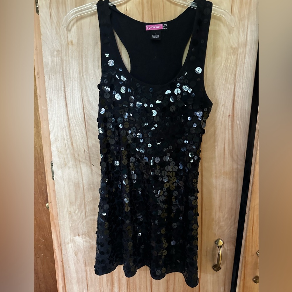 Say What? Black Sequin Racerback Tank Top stretch cotton great sequins long